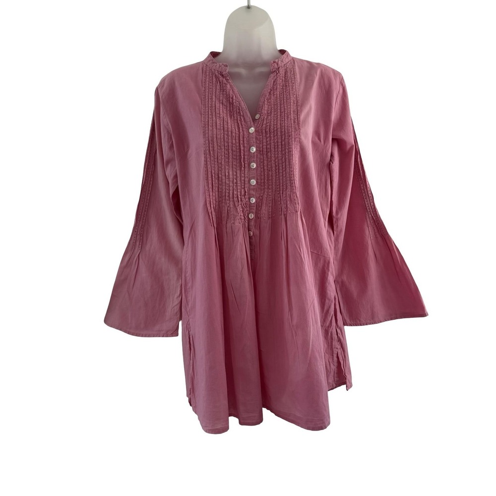 Roberta Freymann Tunic Top Womens M Pink Pintuck Embroidered Boho Peasant Cotton